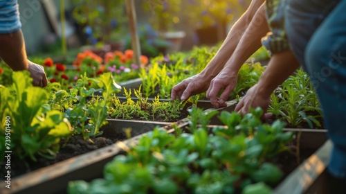 A group of people are collecting various plants such as flowers, grass, leaf vegetables, and shrubs in a garden. AIG41