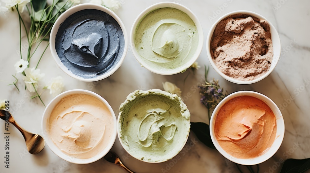 Spa cosmetics. Body scrubs in jars on a light background. View from above. Spa cosmetics. Body scrubs in jars on a light background. View from above.