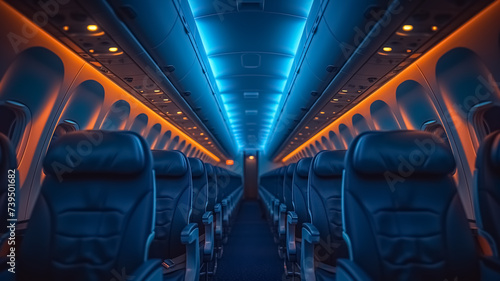 Aircraft interior design, cabin materials, seats, lights of the cabin, empty cabin of plane photo