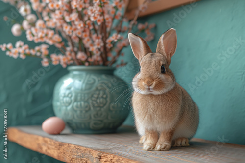 The Easter Bunny is in the middle of the room on a table, next to a vase of spring flowers and an egg
