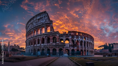 Colosseum in Rome, captured at sunrise, bathed in the early morning light