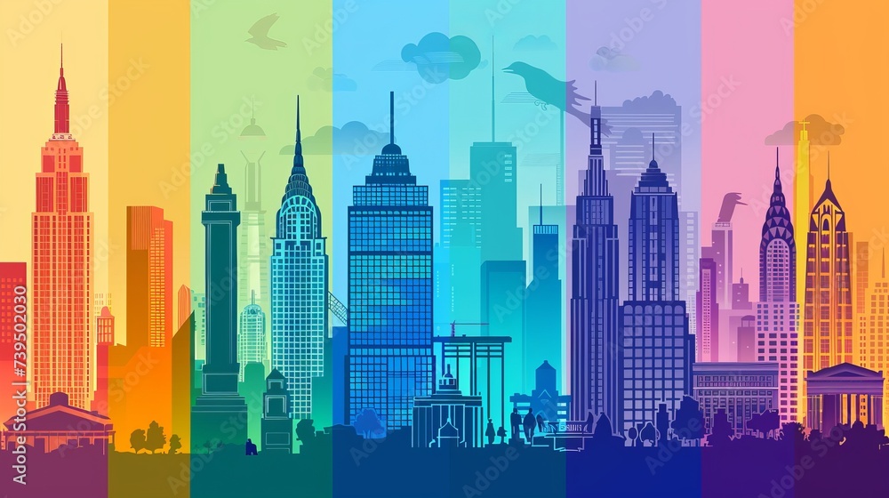 flat-style vector set of city buildings, showcasing a range of colorful