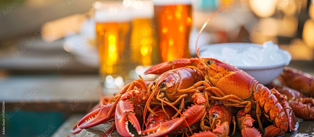 Delicious plate of lobsters and refreshing beer on a wooden table for a gourmet seafood experience Delicious plate of lobsters and refreshing beer on a wooden table for a gourmet seafood experience