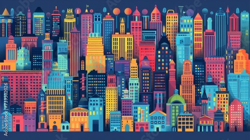 flat-style vector set of city buildings, showcasing a range of colorful
