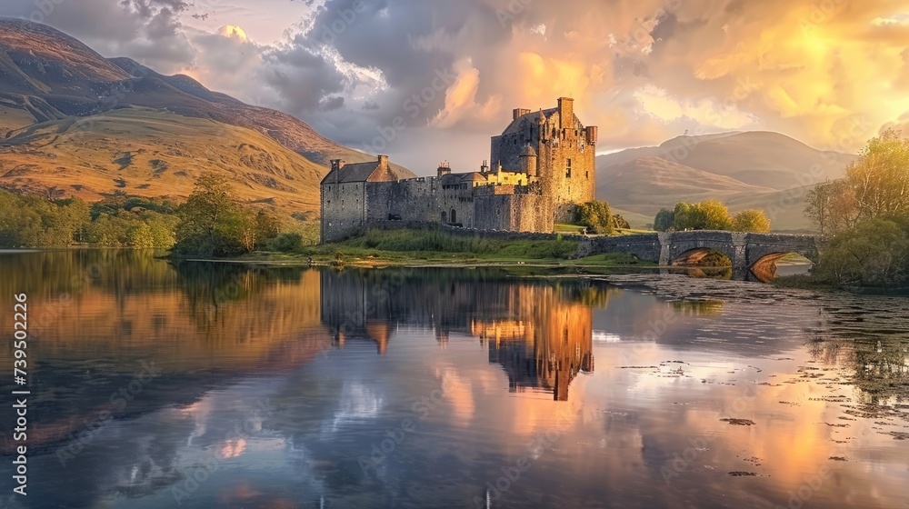 Kilchurn Castle in Scotland, bathed in the warm hues of sunset