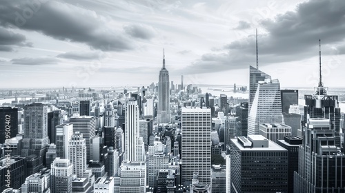 black and white aerial view of Manhattan's skyline, capturing the essence of New York City with its towering skyscrapers and bustling streets © Chingiz