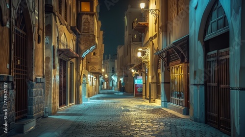 night scene of the streets in an old Arab city  illuminated by the warm glow of lanterns and steeped in historical charm