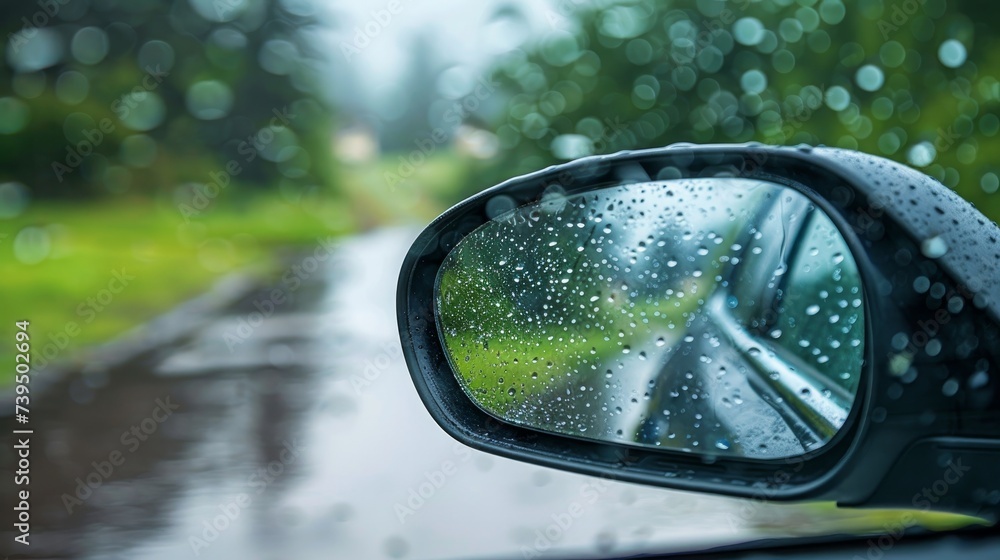 rainwater reflections in a car mirror and droplets scattered across the wet ground rainwater reflections in a car mirror and droplets scattered across the wet ground