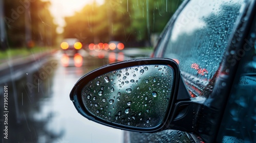 rainwater reflections in a car mirror and droplets scattered across the wet ground