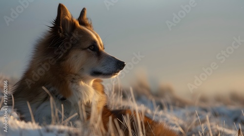 Majestic Icelandic Sheepdog in Sunlit Winter Scene