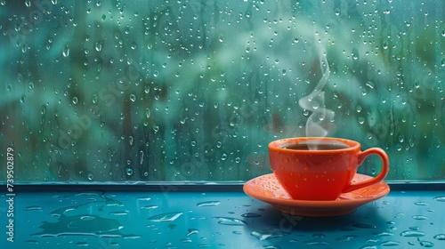 A cozy scene of a steaming coffee cup set against the backdrop of a window with raindrops