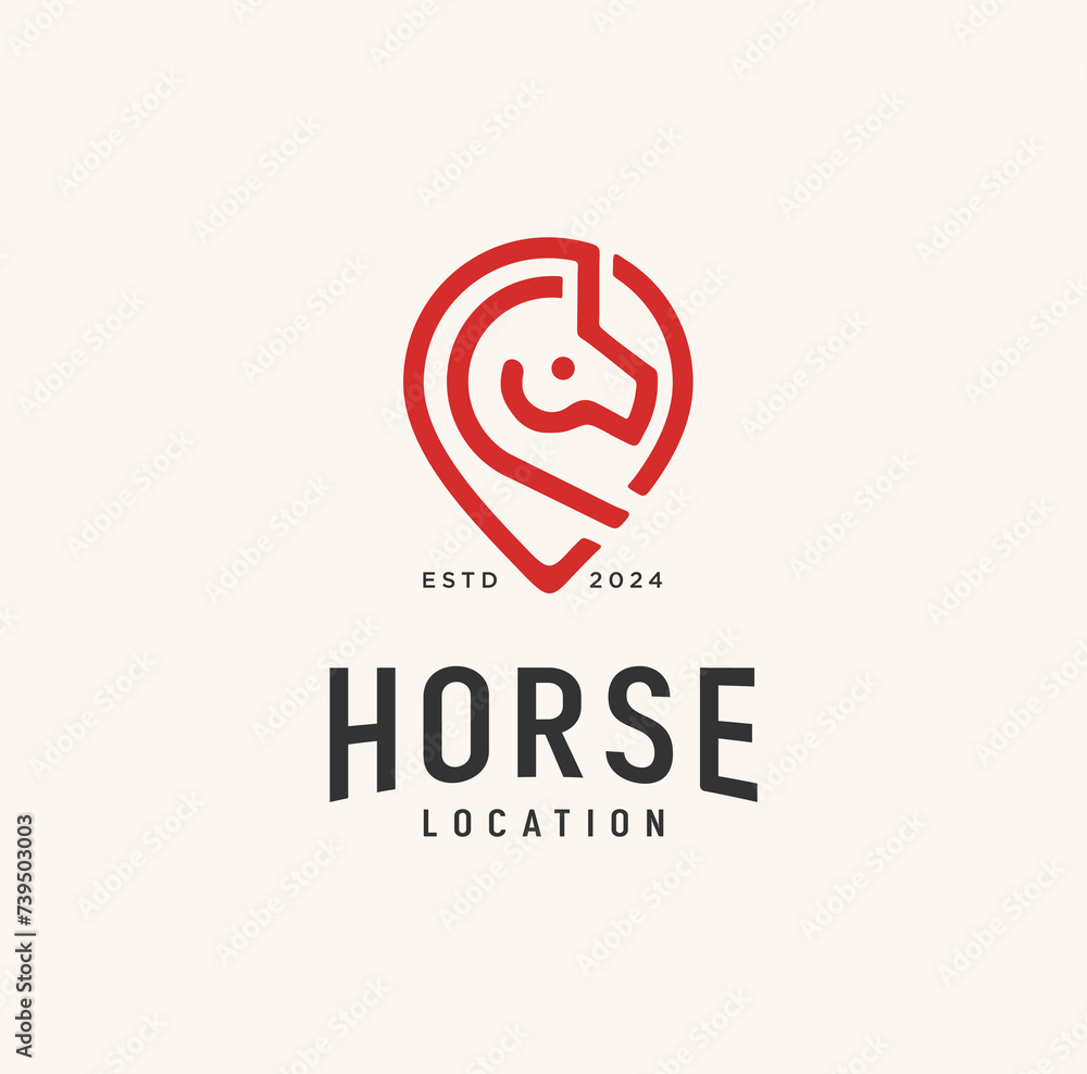 Horse Head Logo Design With Pin Location Linear Style icon Vector Illustration. Horse Head Logo Design With Pin Location Linear Style icon Vector Illustration.