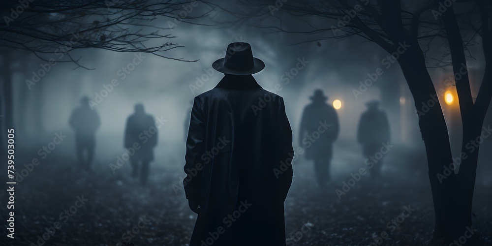 Mysterious figure in the misty night dons a black coat and hat. Concept Mystery, Night, Mist, Black Coat, Hat