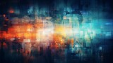 Distressed abstract background. Blur colorful noise. Dark shattered faded screen matrix texture with dust scratches glitch defocused orange blue white rainbow prism glow art poster