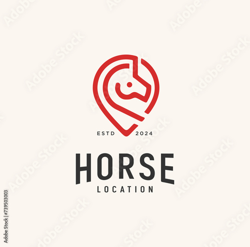 Horse Head Logo Design With Pin Location Linear Style icon Vector Illustration.
