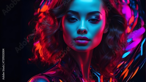 AI-generated image of a stunning woman's face separated against a black background and enhanced with vivid neon hues