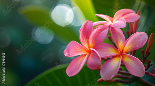 Plumeria Flowers with Water Drops on a Green Background