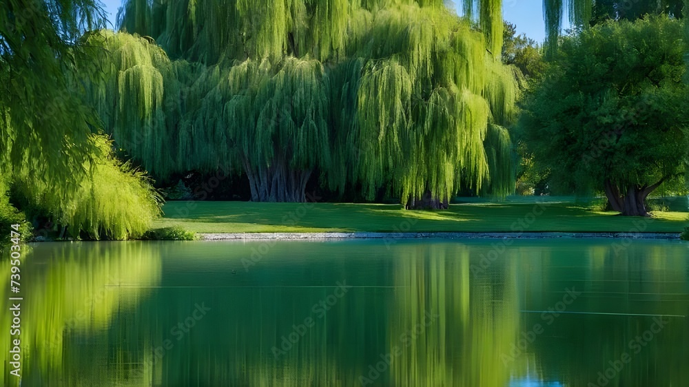 A serene pond surrounded by trees, with a large weeping willow in the center.