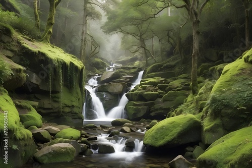 A waterfall cascades over mossy rocks in a dense forest.