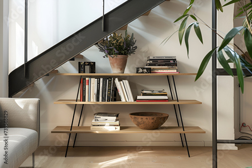 Wooden shelf with metal frame with books under the stairs