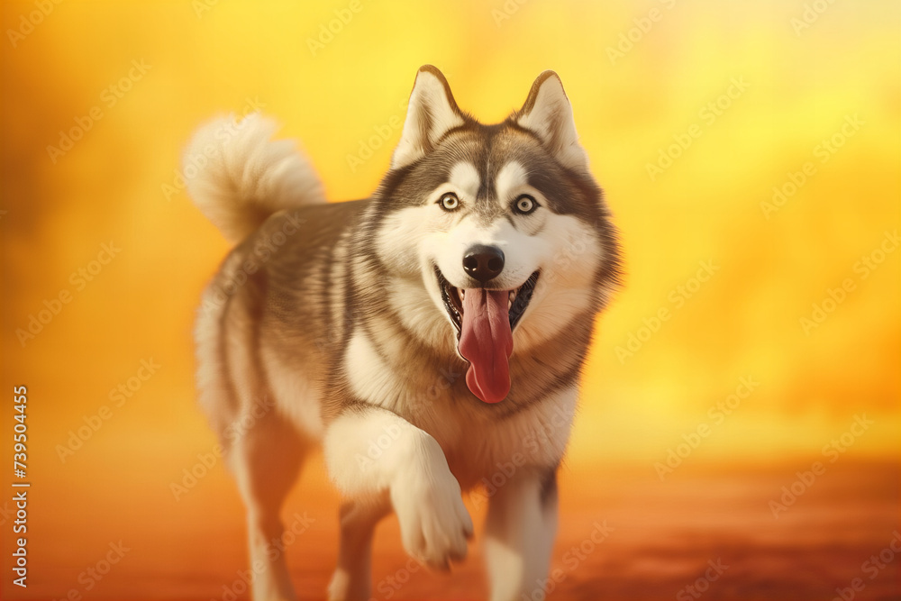 Joyful Siberian Husky Running, Tongue Out, Golden Banner Sunset Background