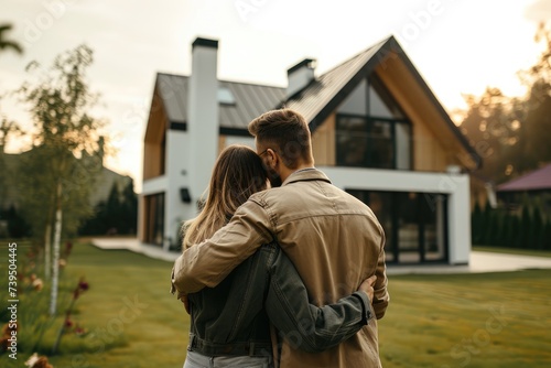 Young couple looking towards their new modern house. Real estate, new home concepts