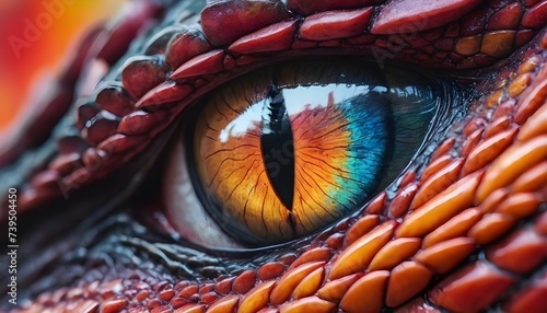 Close-up of Vibrant Dragon Eye. Detailed macro shot of a colorful dragon's eye, capturing the intricate textures and vivid colors.