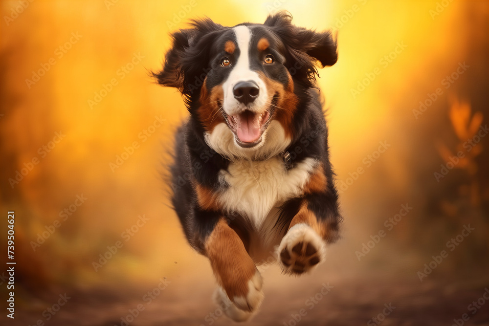 Autumn Joy Banner: Energetic Dog Leaping against a Vibrant Golden Backdrop of Fall Foliage