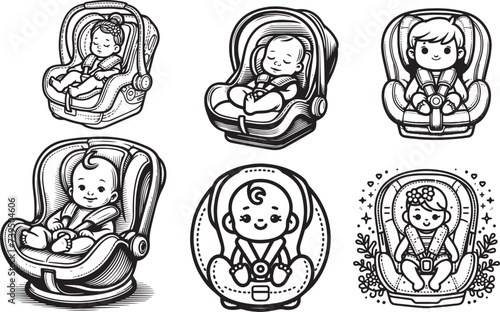 Baby in car seat vector set. Vector illustration safety chair on without background. Isolated black and white  set baby car seat.
