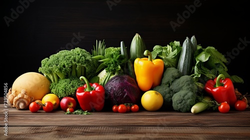 Heap of fresh fruits and vegetables on wooden background