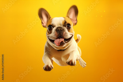 Joyful Pups Mid-Air Leap Against Sunny Yellow Background: A Banner of Pure Happiness! © Dmitry