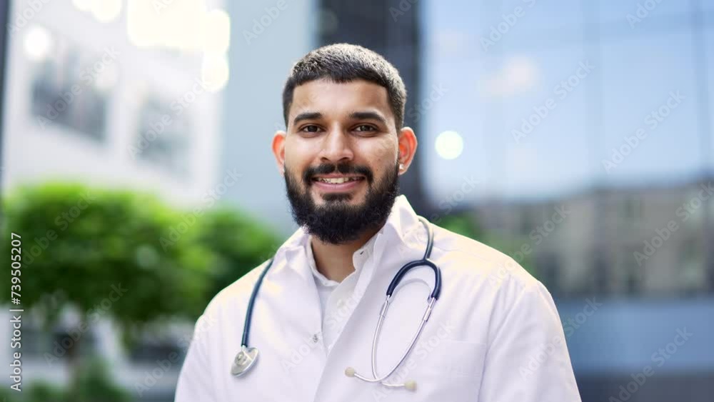 Portrait of a confident smiling bearded doctor in a white coat standing outside near a hospital building. Happy handsome medical worker physician with stethoscope posing looking at camera. Close up Portrait of a confident smiling bearded doctor in a white coat standing outside near a hospital building. Happy handsome medical worker physician with stethoscope posing looking at camera. Close up
