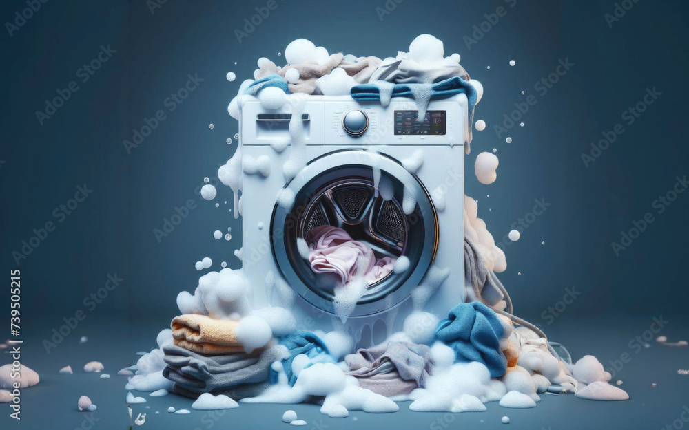 Soap coming out from broken washing machine. Broken laundry washer with foam - obrazy, fototapety, plakaty 