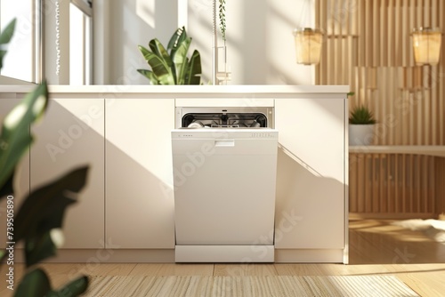 Integrated Dishwasher in Modern Kitchen - A built-in dishwasher seamlessly integrated into a contemporary kitchen setting photo