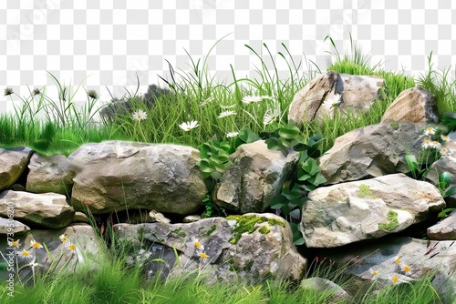 grass fields meadow with rocks on transparent background, png
