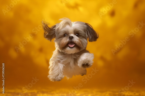 Joyful Shih Tzus Mid-Air Leap Against a Golden Banner Background: Captivating Canine Elegance photo
