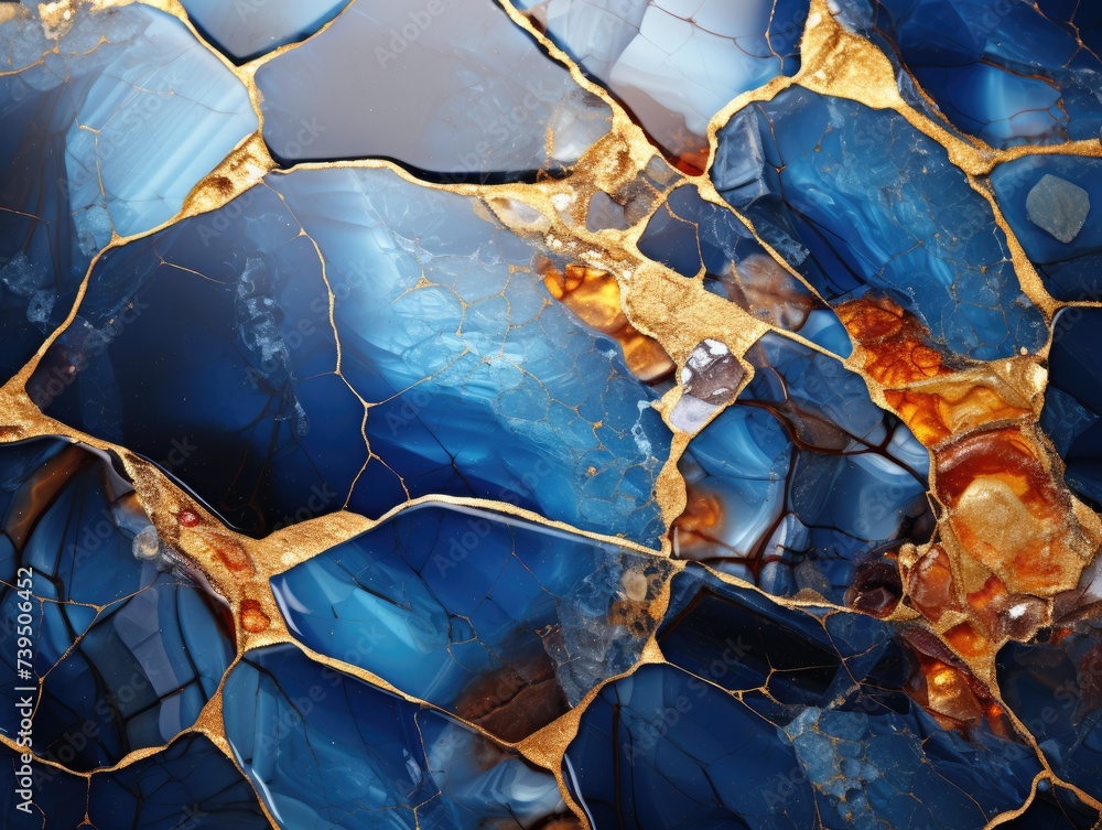 Blue marble stone with crystals and golden veins