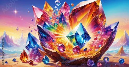 Abstract colorful crystals background. Impressive art. Fantastic mood. Treasure and natural beauty concept. Bright still photo illustration.