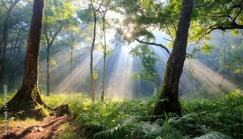 morning in the forest with sun rays green trees