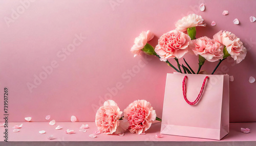 母の日のプレゼントとカーネーションのイメージ素材。Image material of Mother's Day presents and carnations. photo