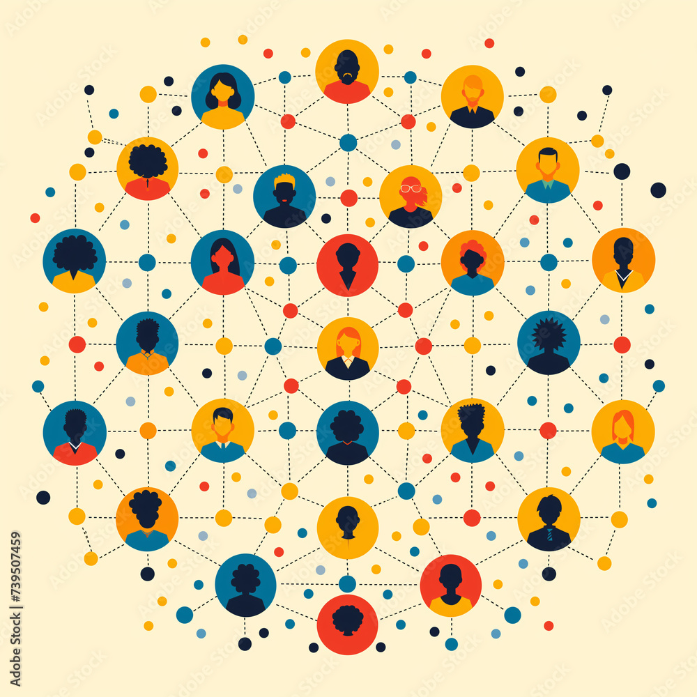 Networking representado por ilustraciones de personas conectadas por lineas 
 - obrazy, fototapety, plakaty 