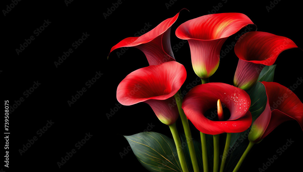 Czerwone kwiaty kalla na czarnym tle - obrazy, fototapety, plakaty 