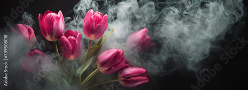 Tulipany , fioletowe kwiaty w dymie,  abstrakcyjne tło kwiatowe