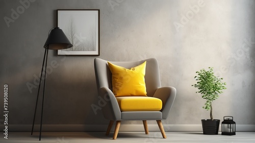 Stylish and luxury interior with design honey yellow armchair, gray mock up frame, gold lamp, mirror, plant, pillow and elegant accessories. Modern home decor of living room. Real photo. Template