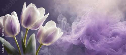 Tulipany pastelowe fioletowe kwiaty w dymie, abstrakcyjne tło kwiatowe
