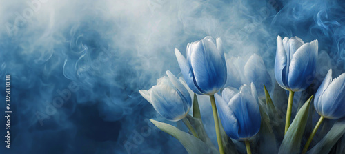 Tulipany niebieskie kwiaty w dymie, abstrakcyjne niebieskie tło kwiatowe. Puste miejsce