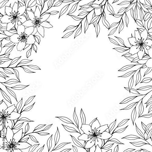 square frame with plant composition. vector hand drawn flower, leaves, branch. Elegant frame for wedding cards, background. ink monochrome botanical illustration for polygraph, web sites