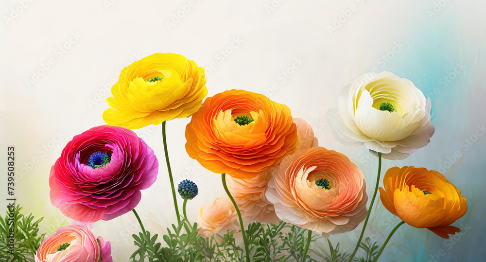 Kolorowe kwiaty jaskry. Wiosenna tapeta - obrazy, fototapety, plakaty 