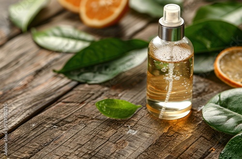 a bottle of facial spray on wood and a slice of green leaf