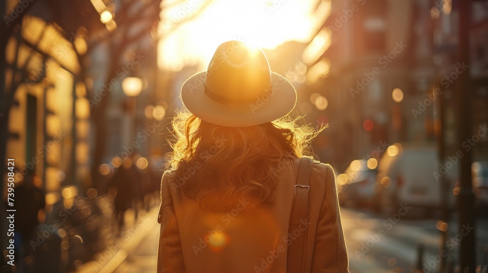 A slender young woman in a hat and coat is seen from behind as she strolls down the street on a sunny spring day A slender young woman in a hat and coat is seen from behind as she strolls down the street on a sunny spring day